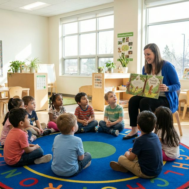 Junior kindergarten children sitting on rug listening to teacher read a storybook