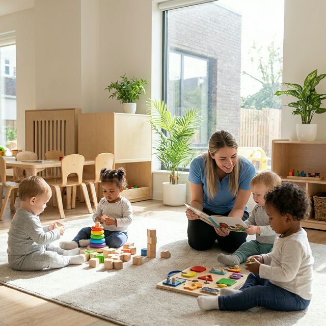 Toddlers exploring educational toys independently in bright modern nursery