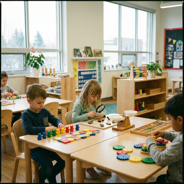 Senior kindergarten children working at desks on math logic activities