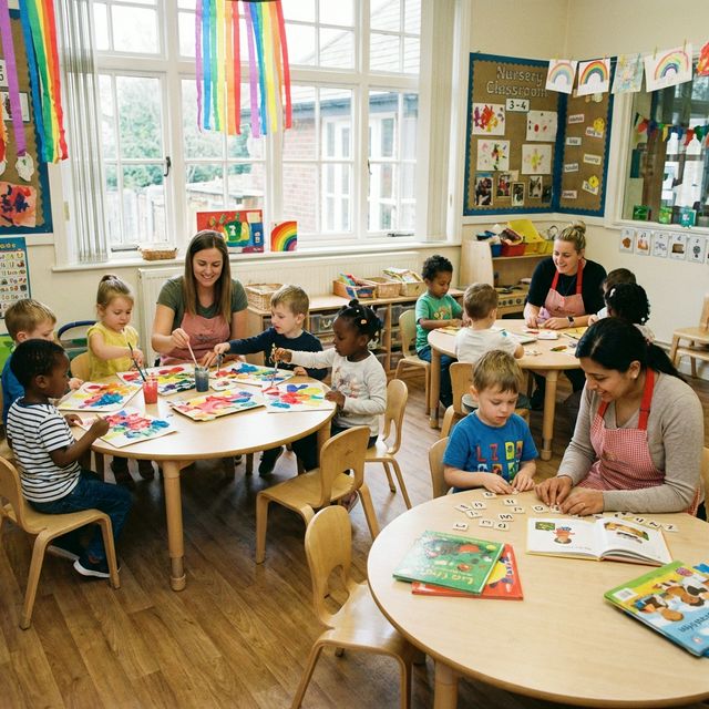 Nursery kids sitting at round tables in a colorful classroom